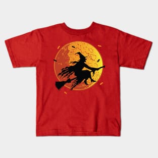 Moon Witch Flying Halloween Design Kids T-Shirt